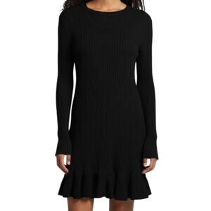 Women's Me+Em Black Ribbed Fitted Mini Dress Long Sleeves Frill Hem Crew Neck 8
